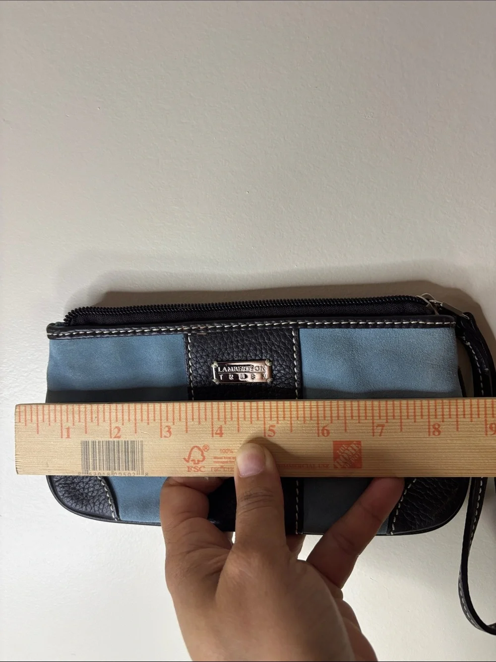 Lambertson Truex Blue and Dark Brown Leather-Trim Wristlet Clutch